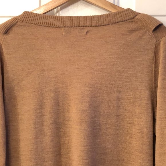 Banana Republic Extra Merino Wool Sz L Women's Sweater Faux Wrap Ruffle Camel - Picture 5 of 9